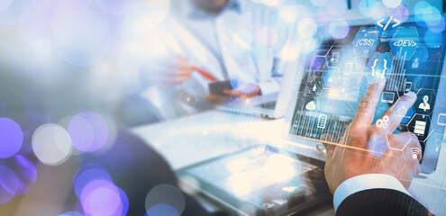 Coding programmer, Digital technology, software development concept.  software engineer working on...