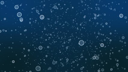 Bubbles of oxygen in the depth of blue water. 3D rendering cartoon round air bubbles floating under water. Sea water background with air bubbles. White circles, bokeh effect on a blue background.