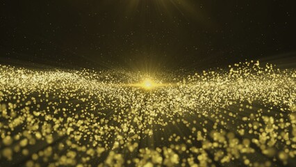Background of sparkling golden dust bokeh with beam of light in the center on black background. Shiny golden stars, glow glitter particles, confetti. Festive background for holiday, birthday, party.