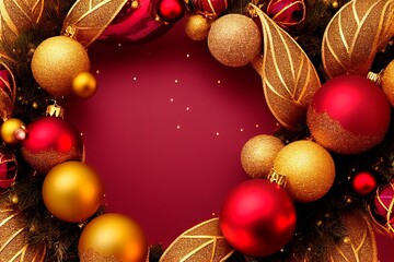 Decorative festive Christmas wreath with red and golden christmas toys on ruby background