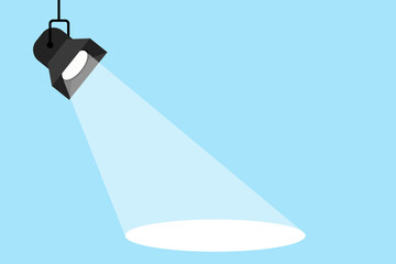 Banner spotlight background. Spotlight shining. Vector flat spotlight on blue background. Searchlight icon. Vector illustration