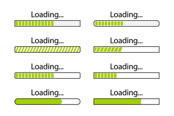 Loading bar icons set, load progress indication. Loading bar progress icons. System software update and upgrade concept. Download progress. Collection loading status, loading symbol