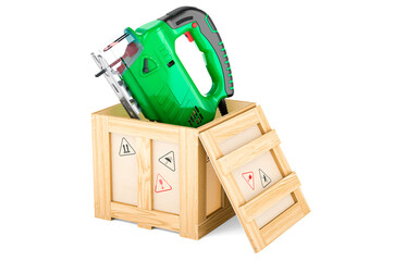 Jigsaw power inside wooden box, delivery concept. 3D rendering