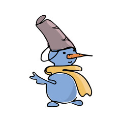 Snowman blue in yellow scarf and bucket hat, carrot nose. Line art in color. Vector illustration.