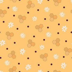 Pattern with honeycombs, daisies and dots. Seamless, vector illustration