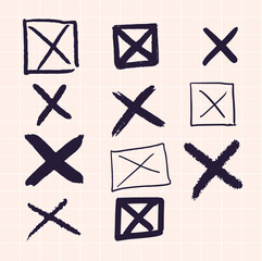 Vector crosses drawn by hand. Drawn in a checkered notebook.