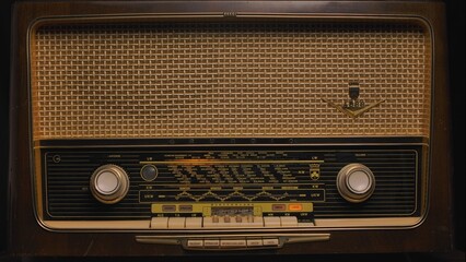 Antique wooden radio receiver close up. Listening to media and early music. Retro revival and...