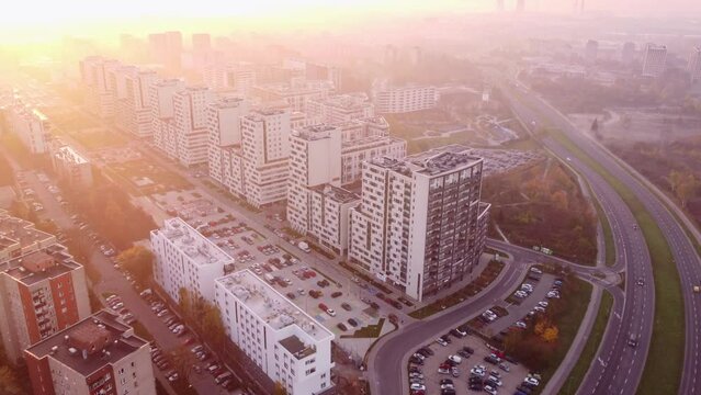 Aerial view of modern housing district in Cracow (Czyżyny - Nowa Huta), Poland. White blocks of flats seen from drone.