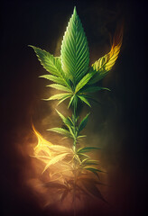 Marijuana art poster. Green cannabis leaves in artistic smoke. Weed leaves with white smoke on dark background.