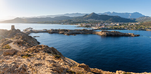 Aerial view of L'Ile Rousse from the lighthouse in the morning, Corsica, France