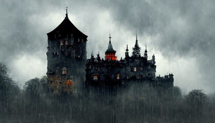 Illustration of old ancient castle with towers and spikes. View of autumn castle, dark and rusty.