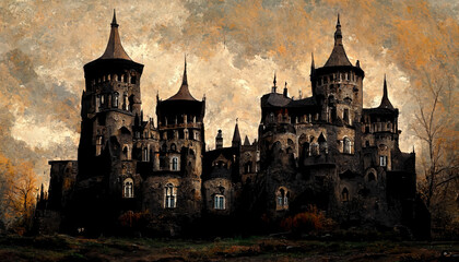 Fototapeta na wymiar Illustration of old ancient castle with towers and spikes. View of autumn castle, dark and rusty.
