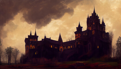Illustration of old ancient castle with towers and spikes. View of autumn castle, dark and rusty.