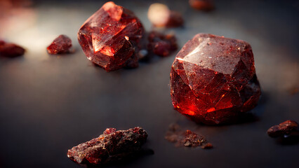 Several raw red ruby gem on dark background. Red jewel stone. Expensive red ruby stone.