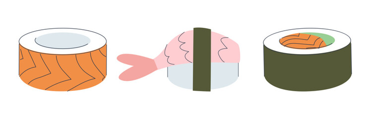 Mini set of Japanese cuisine. Rolls with red fish and shrimp sashimi. Flat vector illustration, eps10