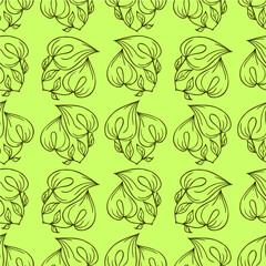 seamless contour pattern of large olive graphic flowers on a green background, texture, design
