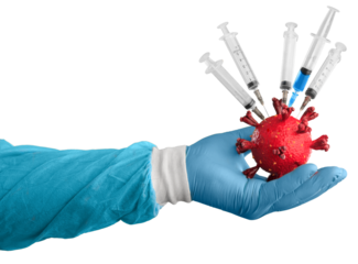 COVID  vaccine vial for prevention, doctor hand with virus molecule