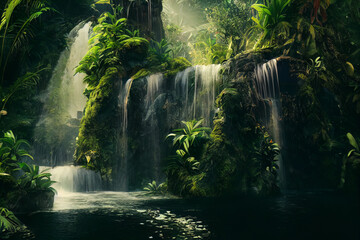 Jungle waterfall cascade in tropical rainforest. Tropical waterfall in jungles, illustration.