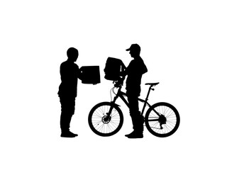 Obraz premium Black silhouette of a man betraying a package with a parcel to a courier cyclist. Courier delivery of orders, parcels and food. Fast delivery service by bike. Courier and client on white background.