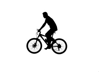 Naklejka na ściany i meble Side view on black silhouette of cyclist isolated on white background. Male bicyclist pedaling and riding a sports bike. Traveling, training, active rest. Active sporty people concept image.