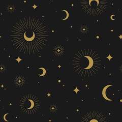 Seamless pattern with golden half moon, crescents, stars and sparkles on black background. Night, sky, dream, sleep ornament. Mystic, magic, sorcery wallpaper. Celestial print. birth chart.