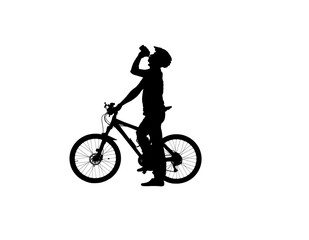 Fototapeta na wymiar Side view on black silhouette of cyclist is drinking water from bottle on white background. Male bicyclist quenches thirst while cycling. Traveling, training, active rest. Active sporty people concept