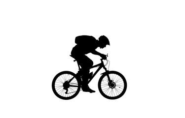 Fototapeta na wymiar Side view on black silhouette of cyclist in bicycle helmet and with backpack on white background. Male bicyclist pedaling and riding a sports bike. Traveling, training, active rest.