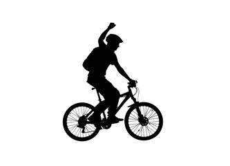 Fototapeta na wymiar Side view on black silhouette of cyclist raising his hand in triumph and rejoicing in victory. Male bicyclist pedaling and riding sports bike on white background. Traveling, training, active rest.