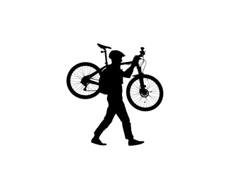 Fototapeta na wymiar Side view on black silhouette of cyclist carrying bike on shoulder. Male bicyclist walking with a bicycle in hands on white background. Traveling, training, active rest. Active sporty people concept.
