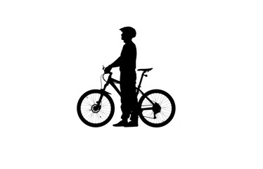 Fototapeta na wymiar Side view on black silhouette of cyclist in bicycle helmet on white background. Male bicyclist standing next to a sports bike and looking to side. Active sporty people concept image.