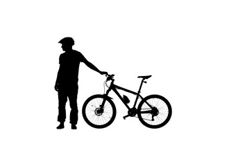 Fototapeta na wymiar Side view on black silhouette of cyclist in bicycle helmet and with backpack on white background. Male bicyclist standing next to a sports bike and looking to side. Active sporty people concept image.