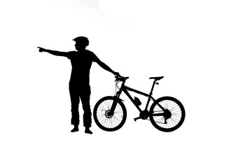 Fototapeta na wymiar Side view on black silhouette of cyclist pointing directional with index finger. Male bicyclist in sportswear and a bicycle helmet on white background. Traveling, training, active rest.