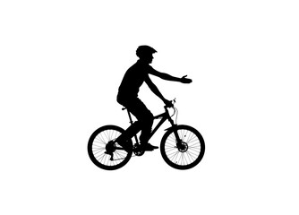 Fototapeta na wymiar Side view on black silhouette of cyclist riding bicycle and pointing direction with his hand. Male bicyclist in sportswear and a bicycle helmet on white background. Traveling, training, active rest.