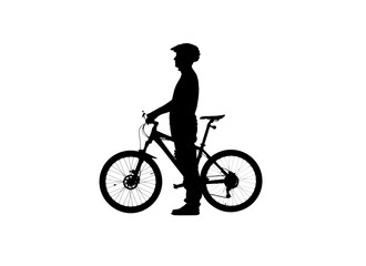 Side view on black silhouette of cyclist in bicycle helmet on white background. Male bicyclist standing next to a sports bike and looking to side. Active sporty people concept image.