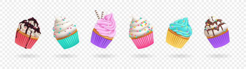 Set of realistic cupcakes with sprinkles, cream and icing isolated on transparent background. 3d vector illustration