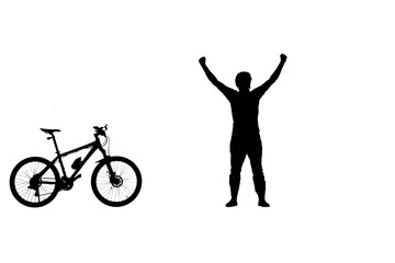 Black silhouette of cyclist raising his hands in triumph and rejoicing in victory. Male bicyclist standing next to a sports bike on white background. Traveling, training, active rest.