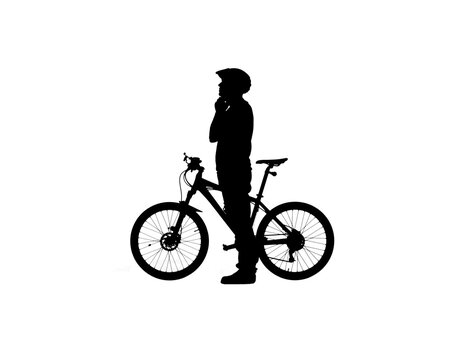 Side view on black silhouette of cyclist fastening a protective bicycle helmet on white background. Male bicyclist standing next to a sports bike. Active sporty people concept image.