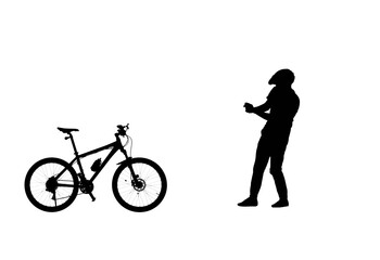 Side view on black silhouette of cyclist taking bike photo with a smartphone camera. Male bicyclist in sportswear and a bicycle helmet on white background. Traveling, training, active rest.