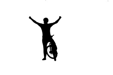 Fototapeta na wymiar Black silhouette of cyclist raising his hands in triumph and rejoicing in victory. Male bicyclist riding sports bike on white background. Traveling, training, active rest. Active sporty people concept
