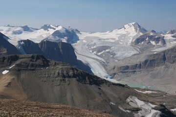 View towards Peyto Glacier and Wapta Icefield at the summit of Mount Jimmy Simpson