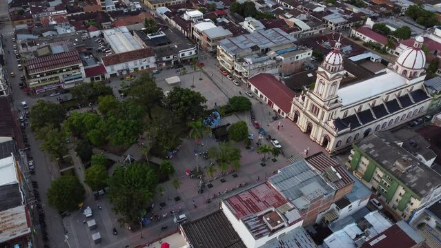 Aerial view of the church and the town park in chaparral tolima colombia. concept of travel and towns