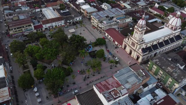 Aerial view of the church and the town park in chaparral tolima colombia. concept of travel and towns