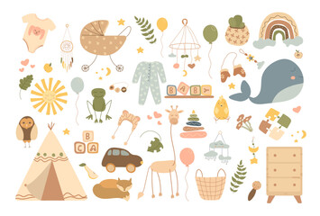 Set of cute boho baby objects in Scandinavian style. Cartoon doodle kids clipart for baby shower invitation card, nursery room decor, poster. Editable vector illustration. © Lidiia Shapoval