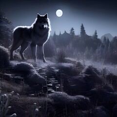 Wolf hunting under the full moon light