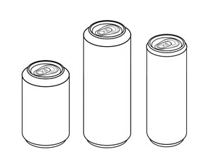 A set of three aluminium cans of different sizes. Minimalist vector illustration. For designs, logos, posters, prints, banners, decoration, mockups, templates. Buying concept