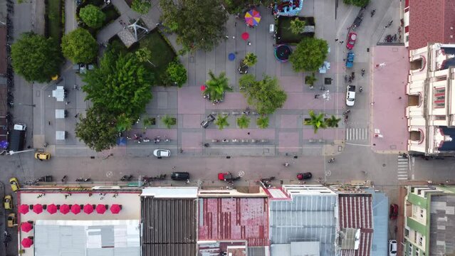 aerial zenithal view of the park in the town of chaparral tolima colombia. concept of trips and towns