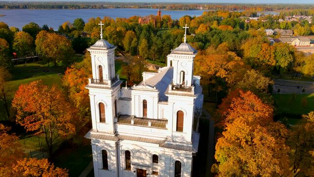 Beautiful aerial view of St. John the Baptist's Church in Birzai, Lithuania.