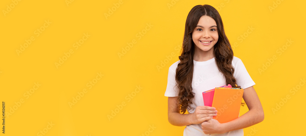 Wall mural smiling school child ready to study with workbook, school. banner of schoolgirl student. school chil