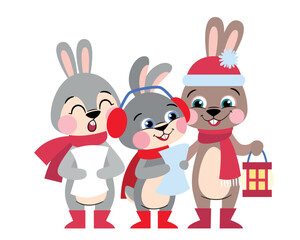 Obraz na płótnie Canvas Merry Christmas and Happy New Year 2023. Bunny holidays cartoon character.The year of rabbit. Vector illustration.