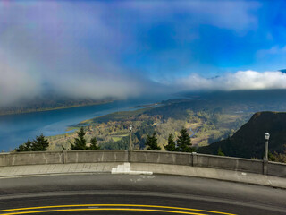 View of Columbia River National Scenic Area with Crown Point and the Old Columbia River highway in...